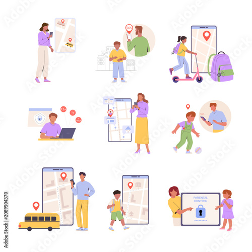 Parental Control and Child GPS Tracking Collection Vector Set