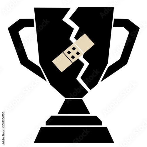 Geometric black and white broken trophy with bandage, concept of failure, recovery and achievement vector illustration.