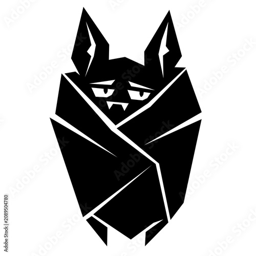 Geometric black and white vampire bat wrapped in cloak, cute spooky Halloween vector illustration isolated on white background.