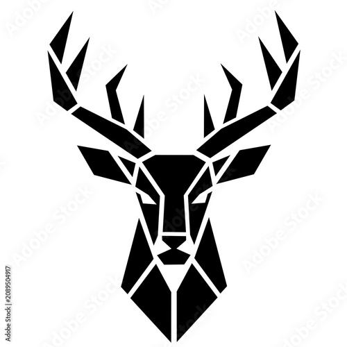 Geometric black and white deer head with antlers, minimalist wildlife vector illustration isolated on white background.
