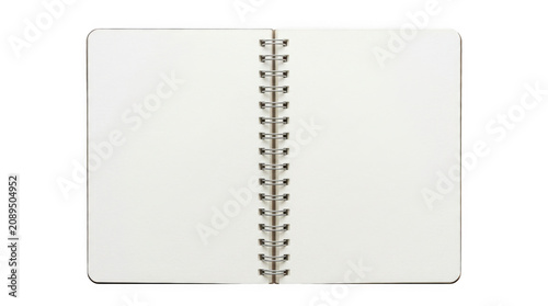 Open notebook with blank pages and spiral wire binding laying flat for writing notes and creative drawing projects isolated on transparent background