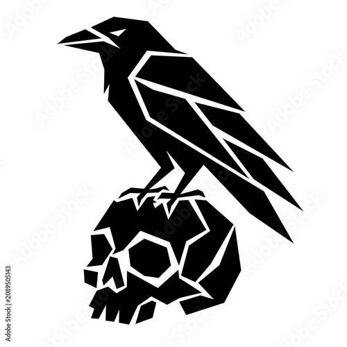 Geometric black and white raven standing on a skull, dark gothic horror vector illustration isolated on white background.