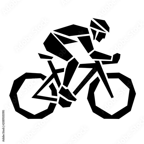 Geometric black and white cyclist riding a bicycle, minimalist angular sports vector illustration isolated on white background.