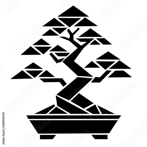 Geometric black and white bonsai tree in a pot, minimalist angular vector style illustration isolated on white background.