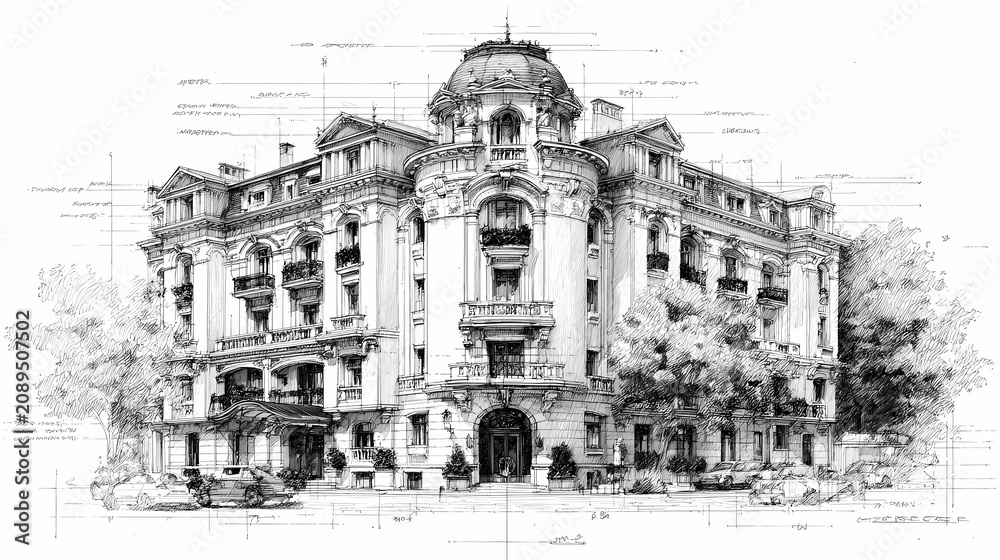 Fototapeta premium Refined Charcoal Building Sketch Glass Steel Structure