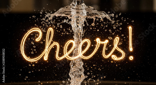 Glowing golden Cheers text overlay on high speed water splash with dark background