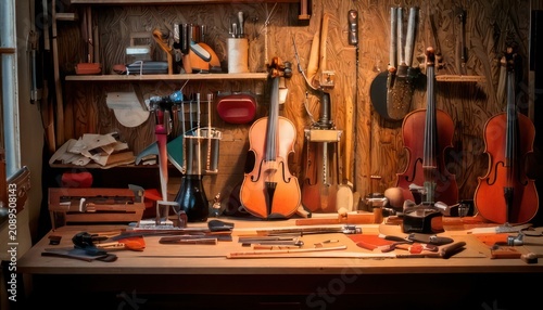 Luthiers Workshop - A Symphony of Tools and Stringed Instruments.