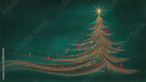 A Christmas poster features an abstract tree composed of a multitude of colorful points of light against a deep green background
