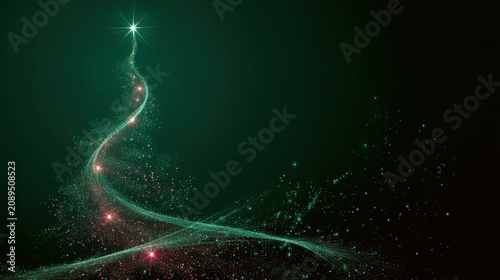 A Christmas poster features an abstract tree composed of a multitude of colorful points of light against a deep green background
