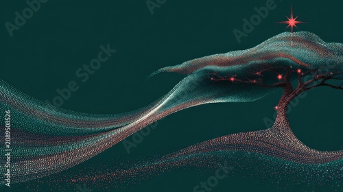A Christmas poster features an abstract tree composed of a multitude of colorful points of light against a deep green background

