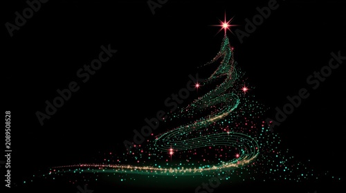 A Christmas poster features an abstract tree composed of a multitude of colorful points of light against a deep green background
