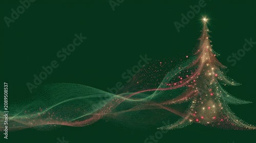 A Christmas poster features an abstract tree composed of a multitude of colorful points of light against a deep green background
