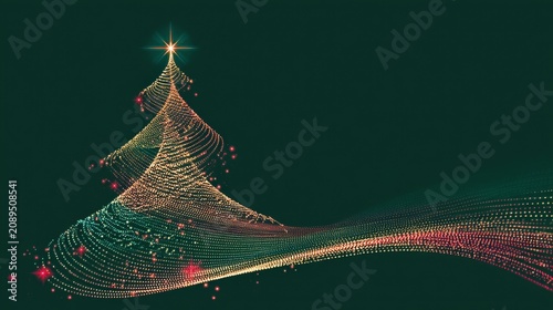 A Christmas poster features an abstract tree composed of a multitude of colorful points of light against a deep green background
