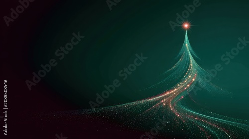 A Christmas poster features an abstract tree composed of a multitude of colorful points of light against a deep green background
