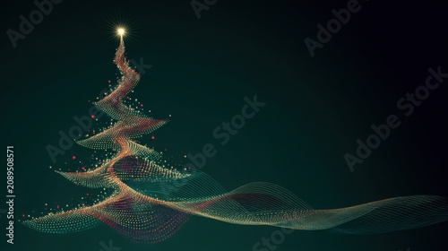 A Christmas poster features an abstract tree composed of a multitude of colorful points of light against a deep green background
