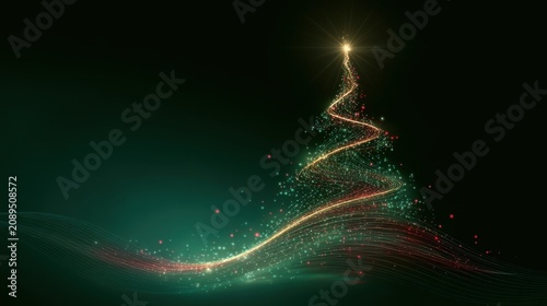 A Christmas poster features an abstract tree composed of a multitude of colorful points of light against a deep green background
