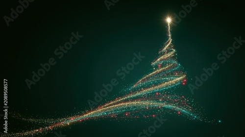 A Christmas poster features an abstract tree composed of a multitude of colorful points of light against a deep green background
