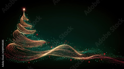 A Christmas poster features an abstract tree composed of a multitude of colorful points of light against a deep green background
