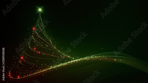 A Christmas poster features an abstract tree composed of a multitude of colorful points of light against a deep green background
