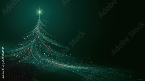 A Christmas poster features an abstract tree composed of a multitude of colorful points of light against a deep green background
