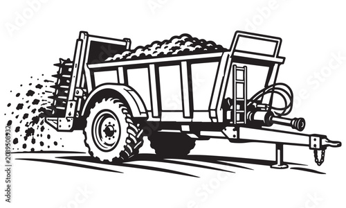 Cuadro en lienzo Manure Spreader Silhouette, farm manure spreader, vector, isolated on white
