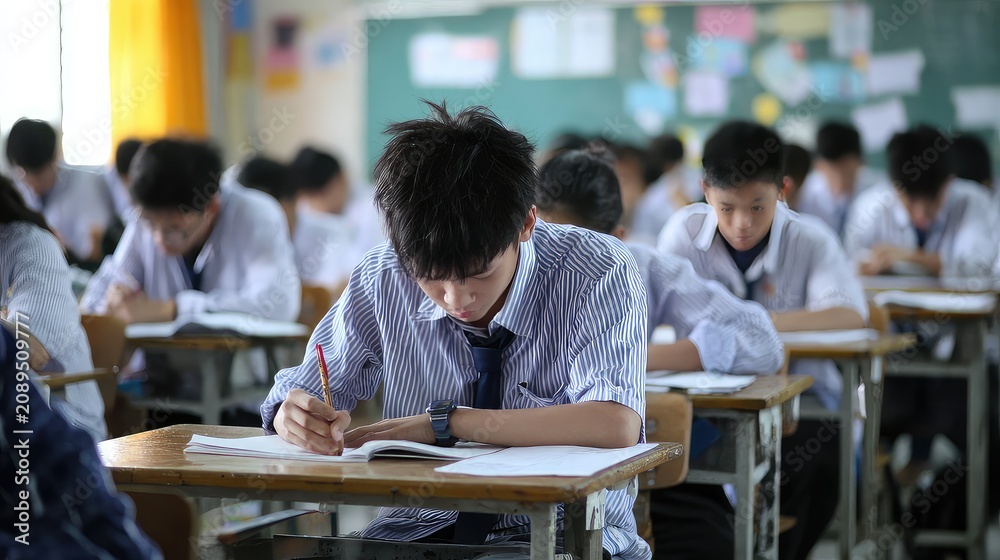 Fototapeta premium Focused Student Taking Exam in Classroom with Peers Concentrating