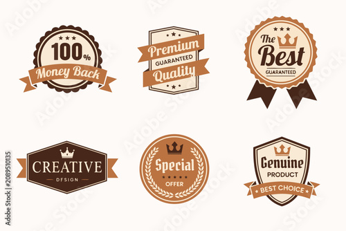 Collection of vintage badges and labels premium quality and guarantee seals for marketing and branding isolated on white background