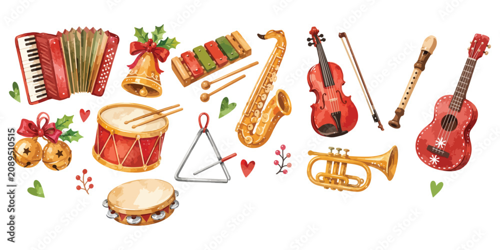 Fototapeta premium Watercolor musical instruments and festive Christmas bells collection