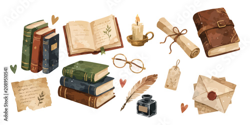 Watercolor vintage books stack and antique letter writing set