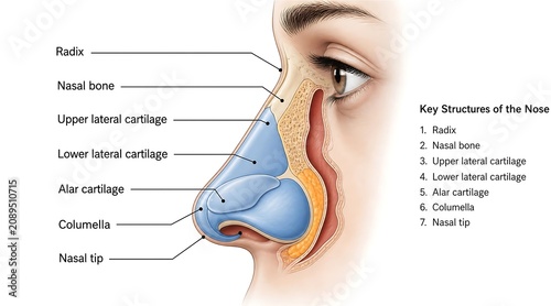 Anatomical diagram of the human nose with labeled parts cartilage education