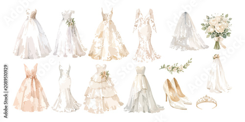 Watercolor elegant wedding dress bridal gown and accessories bouquet set