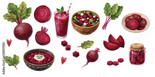 Watercolor healthy beetroot vegetables soup and juice illustration set