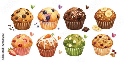 Watercolor muffin and cupcake set with blueberry chocolate strawberry and banana flavors
