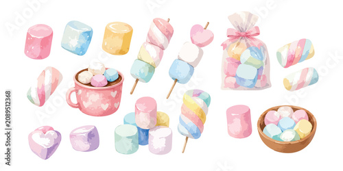 Watercolor colorful marshmallow candies collection with sweet cocoa mug