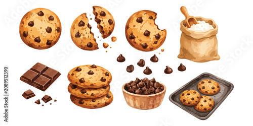 Watercolor chocolate chip cookies baking ingredients and fresh tray set