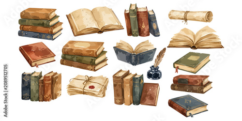 Watercolor vintage old books stack and antique scroll collection