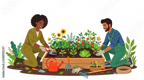 Diverse couple planting organic vegetables in a wooden garden bed with various farming tools in a flat illustration style isolated on a plain white background