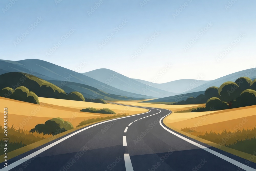 Naklejka premium Serene road through rolling hills.