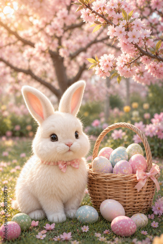 Cute bunny, pastel egg, wicker basket, cherry blossom, spring garden, joyful Easter scene