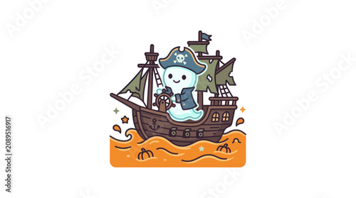 Canvastavla Cute Ghost Pirate Captain Sailing Ship in Orange Waves