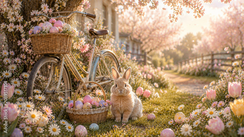 Bicycle basket rabbit Easter egg flower spring garden sunlight create cheerful Easter scene