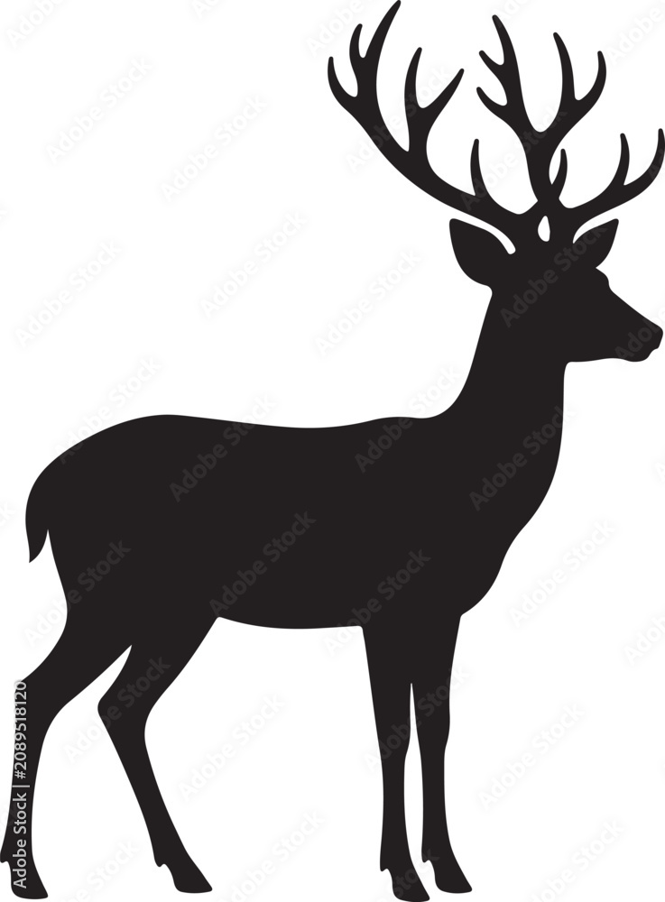 Fototapeta premium Black Deer Stag Silhouette With Antlers On White Background