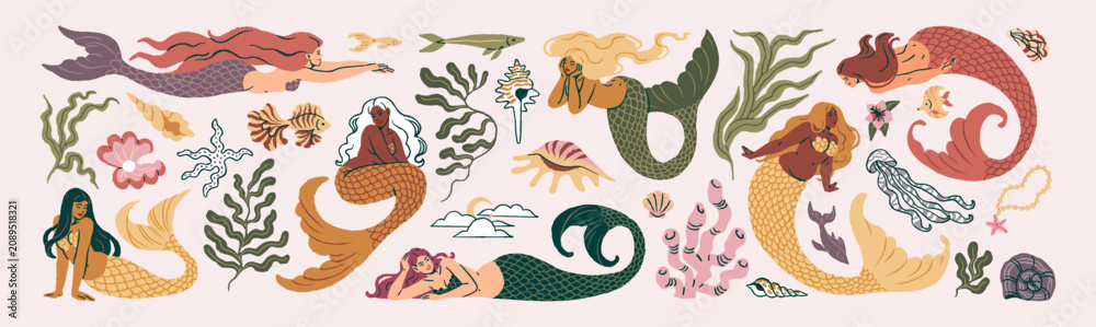 Fototapeta premium Set of mermaids swimming in sea. Fantasy characters of the ocean and fish, clam with pearl, seaweeds and jellyfish. Magic women in water, sirens. Flat isolated vector illustrations on white background