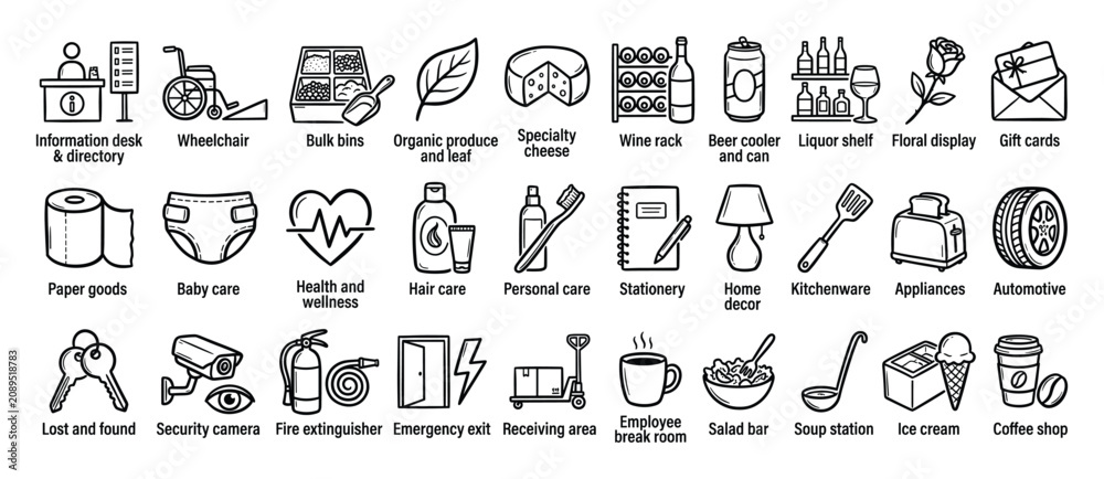 Fototapeta premium Set of diverse retail and commercial facility service line icons representing product categories, customer support, and essential amenities for easy navigation in stores and applications.