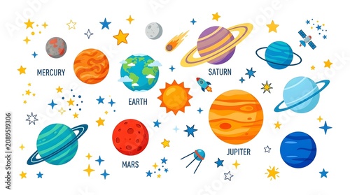 The solar system illustrated with planets, stars, and a rocket. The planets include Earth, Mars, Jupiter, and Saturn.
