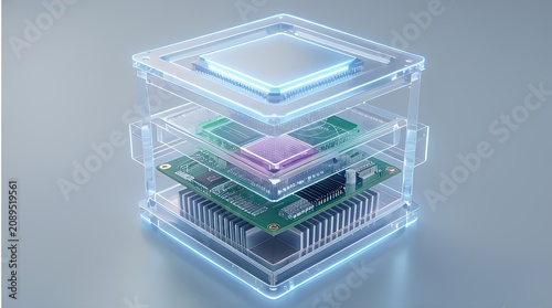 Quantum Core: Transparent Layered Circuit Tech with Neon Glow
