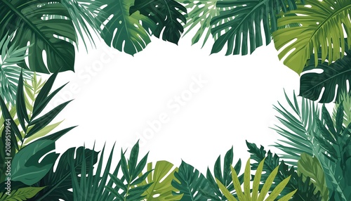 Tropical Botanical Frame with Lush Green Leaves and White Floral Center in Vibrant Illustration Style