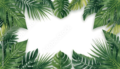 Tropical Botanical Frame with Lush Green Palm Leaves and Monstera Foliage Close Up