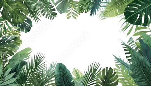 Tropical Botanical Frame with Lush Green Leaves Creating Natural Circular Border in Bright Natural Light