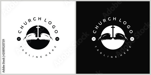 Tableau sur toile church logo combining angel wings with a cross, symbolizing divine protection, faith, and spiritual guidance